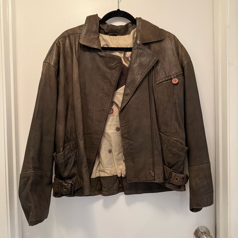 Minelli Vintage Real Leather Moto Jacket | Epaulettes & Pheasant Lining | Paris